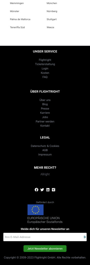 Flightright Website: Navigationspunkt im Footer Menü